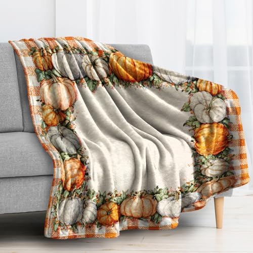 Fall Harvest Blanket, Autumn Pumpkin Fleece Throw Blanket Queen Size for Couch Bed Sofa, Seasonal Plaid Blankets and Throws, Decor & Gifts, Super Soft Plush Flannel Blanket, 90x90 - Image 2