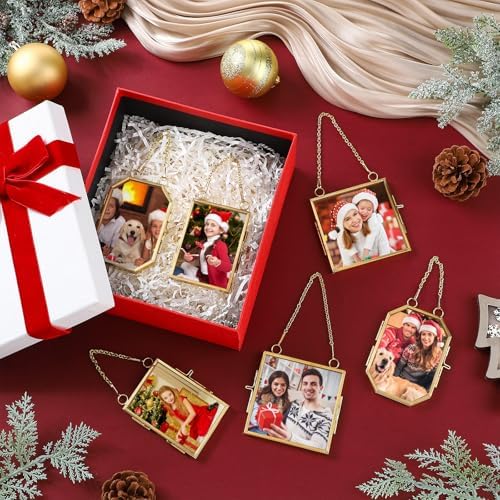Qunclay 6 Pcs 2x3” 2.5x3.5” 3.2x3.2” Christmas Brass Picture Frame Ornaments Square Rectangle Octagon Christmas Metal Double Glass Hanging Photo Frame with Metal Chain for Xmas Tree Decorations(Gold) - Image 4