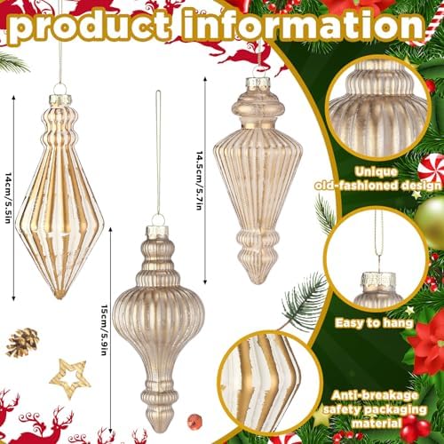 6 Mercury Glass Finial Christmas Ornament 5.7" Hanging, Neutral - Image 2
