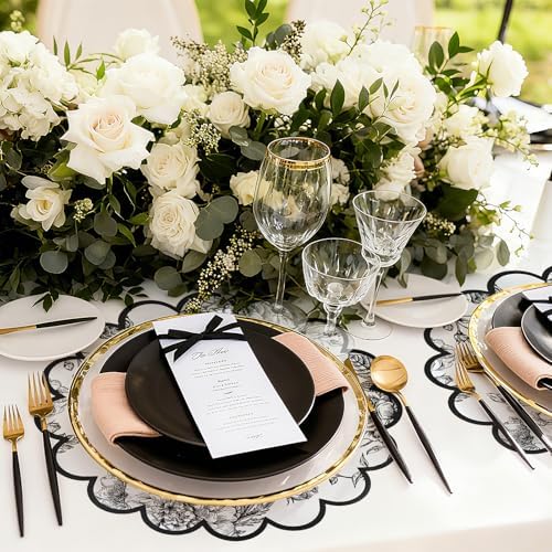 Stuffygreen 100 Pcs Black Floral Paper Placemats with Scalloped Edges 15 Inch Chinoiserie Paper Table Mats Vintage Floral Place Mats for Dining Parties Weddings Holidays Table Decorations - Image 5