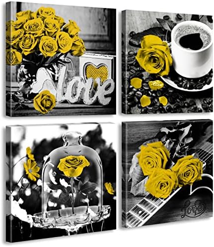 DJSYLIFE Yellow Rose Canvas Wall Art Set of 4 for Living Room 12x12 Inch by DJSYLIFE