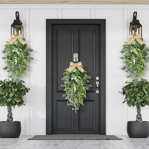 22" Eucalyptus Wreaths for Front Door 4 PCS Greenery Teardrop Swag Spring Summer Wreath with Eucalyptus Olives Leaves Mixed Berry for Farmhouse Home Porch Wall Window Festival Wedding Decor - Image 4