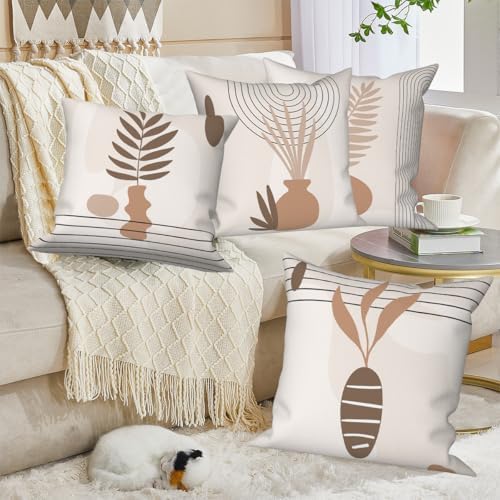 Abstract Bohemian Pillow Covers 22"x22" Set of 4, Modern Aesthetic Plant Leaves Pillow Cases for Sofa Chair Couch Bed Office Garden Patio Farmhouse Indoor Outdoor Decorative - Image 4
