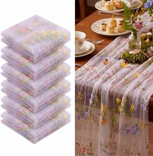 Purple Floral Table Runner 10ft Embroidery Tulle Spring Wildflower Gauze Table Runner Seasonal Summer Butterfly Kitchen Dining Decoration for Wedding Baby Shower Birthday Party (6 Pcs) by Windkream