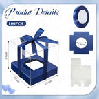 Gerrii 100 Pcs Clear Plastic Individual Cupcake Boxes 3.5" Single Cupcake Containers Transparent Ornament Gift Box with Inserts and Ribbon for Wedding Baby Shower Party Favor(Navy Blue) - Image 2