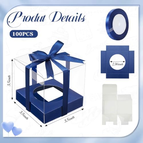 Gerrii 100 Pcs Clear Plastic Individual Cupcake Boxes 3.5" Single Cupcake Containers Transparent Ornament Gift Box with Inserts and Ribbon for Wedding Baby Shower Party Favor(Navy Blue) - Image 2
