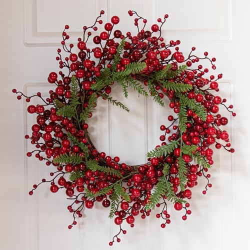 J'FLORU Artificial Christmas Wreath 20 Inch Chirstmas Wreaths for Front Door Red Berry Wreath with Pine Needles for Porch Fireplace Xmas Winter Holidays - Image 2