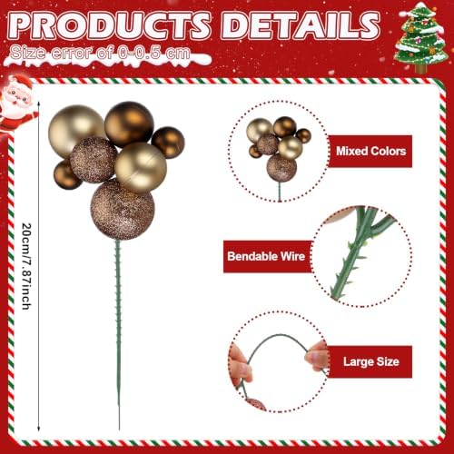 Daifunli 8 Pcs Brown and Gold Christmas Tree Picks 7.87 Inch Christmas Balls Ornaments Xmas Hanging Decorations for Xmas Tree Topper DIY Wreath Holiday Floral Vase Fillers Crafts Home Decor - Image 2