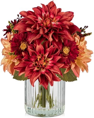 Briful Fake Fall Flowers with Vase, Artificial Fall Dahlia & Mum Silk Floral Arrangement with Glass Vase Faux Autumn Flowers Bouquet for Home Office Room Coffee Table Centerpiece Wedding Decoration by Briful