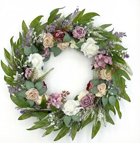 26 Inch Eucalyptus Wreaths with Roses, Hydrangeas, Lavender, Berries, Salal Leaves, Ferns, Dusty Miller, Green Summer Spring Wreaths for Front Door, Large Wreath for Porch Decor by Jorivel