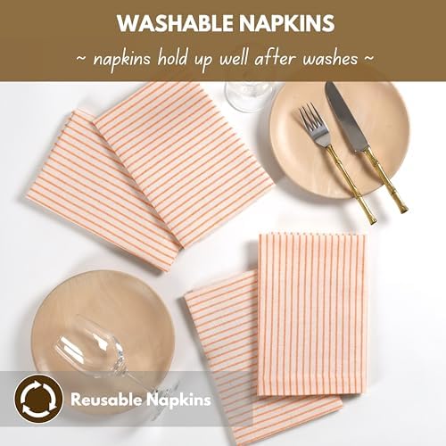 Native Fab Cloth Napkins 18x18 inches, 100% Cotton Vintage Stripped Dinner Napkins, Set of 12, Soft Breathable Absorbent, Machine Washable Cloth Napkins, Orange Beige - Image 4