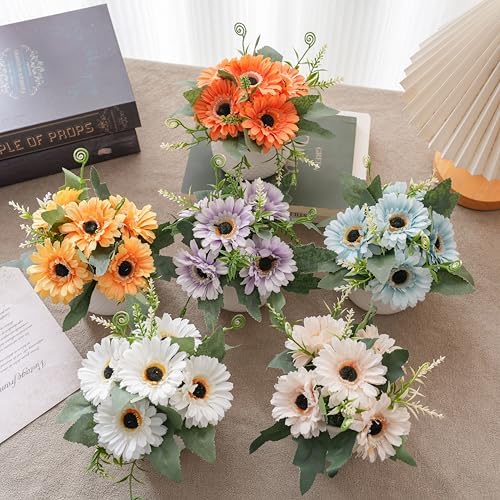 LUEUR Artificial Flowers with Ceramic Pot–6PCS Fake Sunflowers in Vase - Image 3