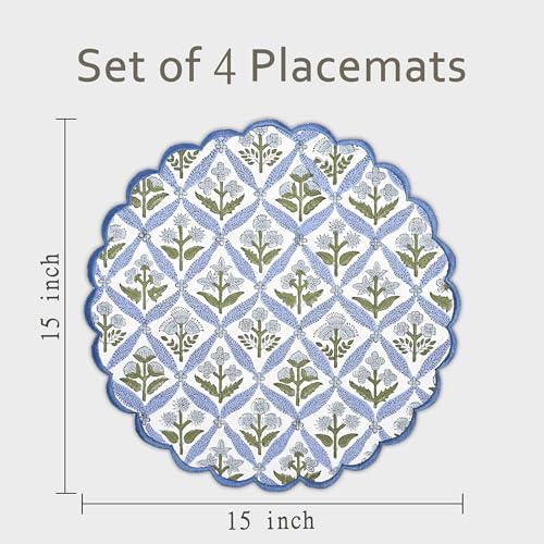 Ridhi Floral Block Print Round Placemats 15" in, Set of 8, Light Steel Blue - Image 4