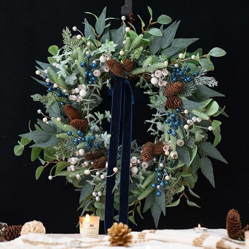 Winter Wreaths for Front Door 24 Inch Green Olive & Eucalyptus Wreath with Silver & White Berries, Pine Cones and Blueberries, Christmas & Holiday Indoor Outdoor Decor - Image 5