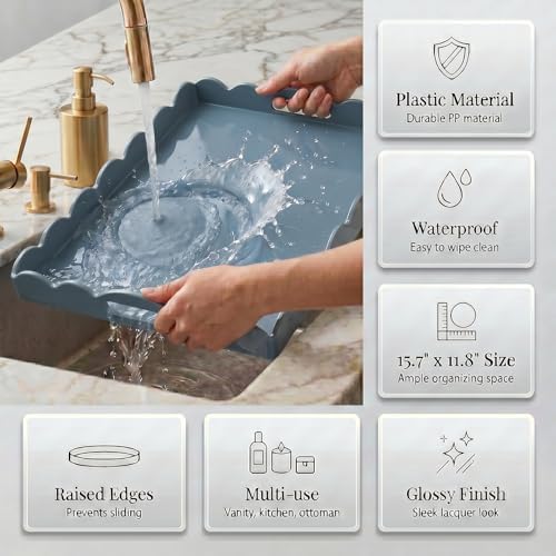 Gesodant Scalloped Glossy Plastic Lacquer Decorative Tray, 15.7 x 11.8 Inch Rectangle Serving Tray with Handles for Coffee Table, Ottoman, Bedroom Vanity, Living Room Centerpiece (Dusty Blue) - Image 5
