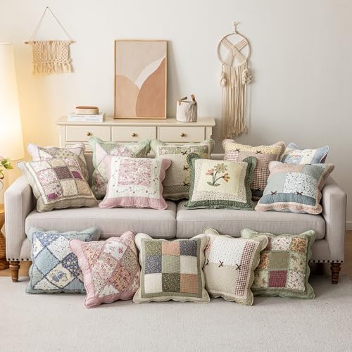 vctops Set of 2 Cotton Quilted Decorative Square Throw Pillow Covers with Scalloped Floral Pattern Soft Cushion Case for Couch Sofa Bed (Green,18"x18") - Image 3