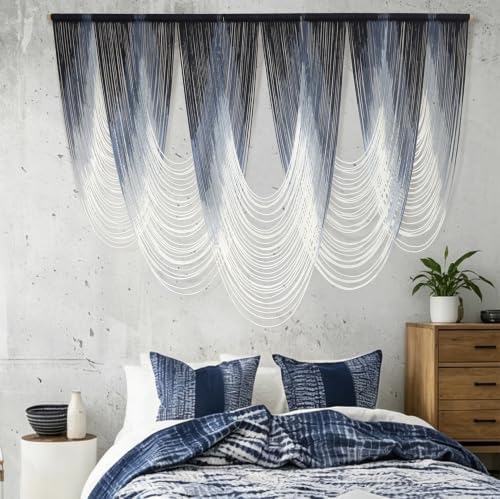 Macrame Wall Hanging Dip-Dyed Navy Blue Boho Wall Art Yarn 57" W*41" L by IOWER