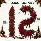 Riceshoot 6ft Christmas Garland for Mantel, Velvet Ball Bows Berry Design - Image 2