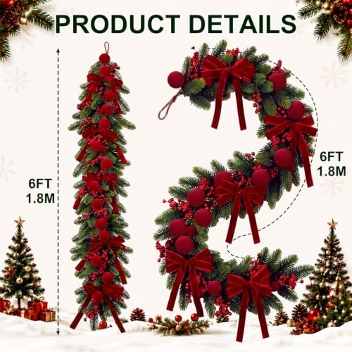 Riceshoot 6ft Christmas Garland for Mantel, Velvet Ball Bows Berry Design - Image 2