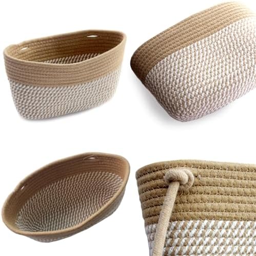 Over the Door Hanging Basket for Organizing 3 Tiers Woven Cotton Rope Wall Mount Storage basket Decorative Kitchen Hanging Organizer Bathroom include 1 door hook Flaxen Stripe - Image 6