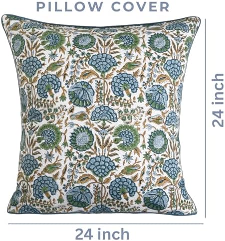Ridhi Block Print Asparagus Green Pillow Cover 24" x 24" (Pack of 2) Decorative Couch Pillows for Living Room, Farmhouse Chic Boho Cute Outdoor Pillows Covers Gifts for Spring, Mother's Day - Image 4