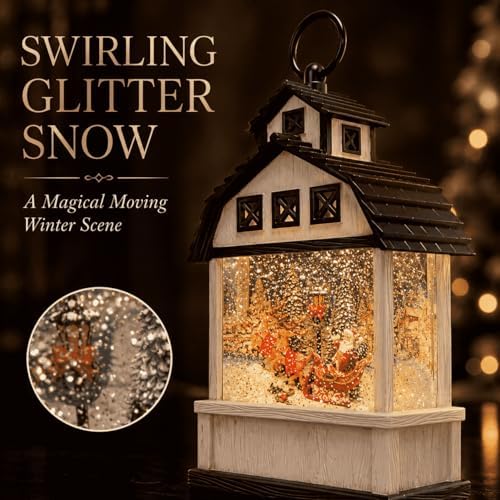 12.6" Christmas Snow Globe Lantern, White Barn Water Glittering Lantern with Santa Sleigh & Reindeer, Lighted Christmas Lantern with 6H Timer, Battery Operated Farmhouse Holiday Tabletop Decor Gift - Image 2