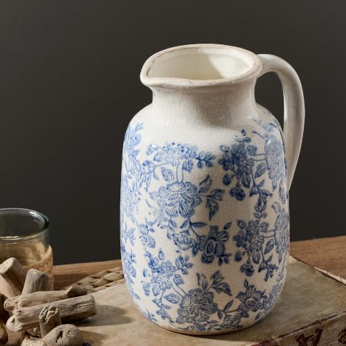 Ceramic Vintage Vase Flower Decorative Vase Chinoiserie Decor Rustic Farmhouse Retro Floral Vases for Table Bookshelf Mantel Kitchen Living Room Office - 9.5" Blue by ooit