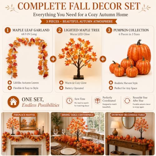 8pcs Fall Decor Set with Lighted Maple Tree & Pumpkins & Garland - Image 5