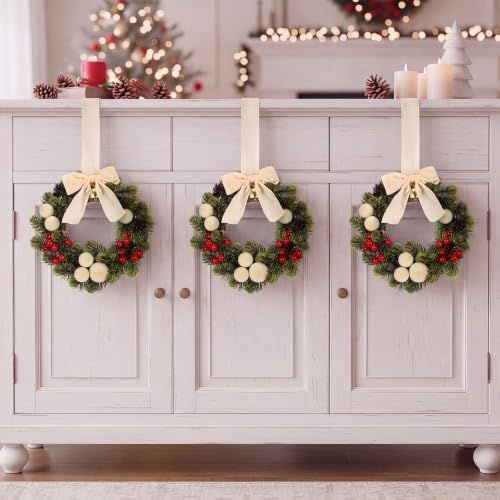 6 Pack Small Christmas Velvet Cabinets Wreaths with Ribbon Bell - Image 3