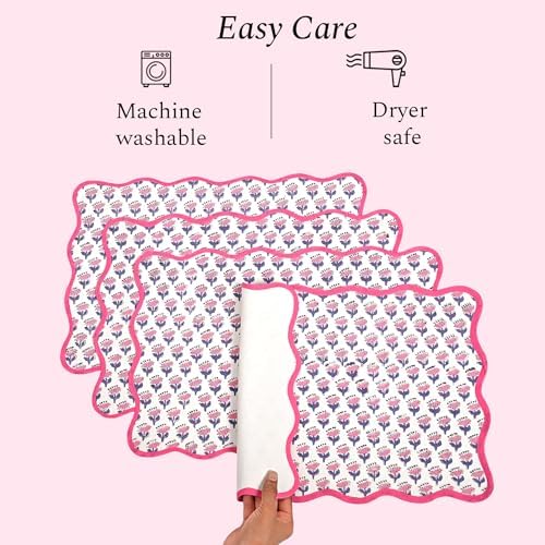 CPC Cotton Placemats Pink Sapphire Set of 4-Hand Block Printed Reversible Placemats, Flower Scalloped & Embroidered Cloth Table Mats - 14 x 20 inch Gift for Spring, Mother's Day - Image 7