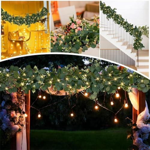 Eucalyptus Garland with Lights, 6 Packs 6FT Artificial Lighted Garland, Spring Summer Green Faux Garlands for Indoor Outdoor Home Decor Table Runner Wedding Arches Backdrops Decor - Image 5