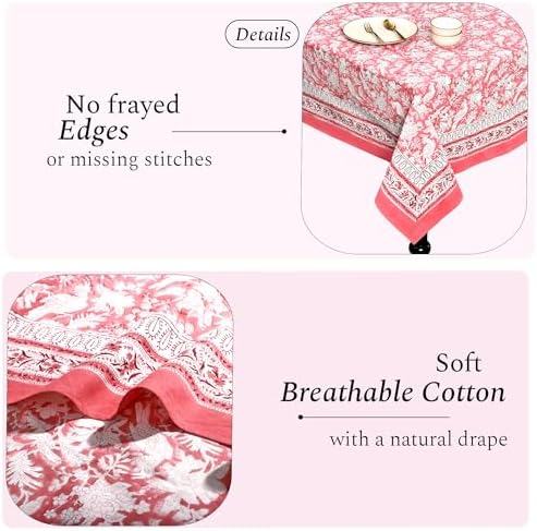 CPC Tablecloth 100% Cotton 72x160 Inch Indian Block Print Rectangle Table Cover, Pink Table Cloth for Weddings, Spring/Summer, Barbeque - Pink Coral - Image 4