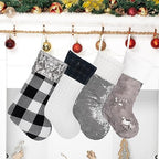 LUBOT 4 Pack Christmas Stockings Large Family Xmas Stocking Black White Gray Contrast Match Flannel Plaid Plush Sequins Hanging for Decorations Holiday - Image 2