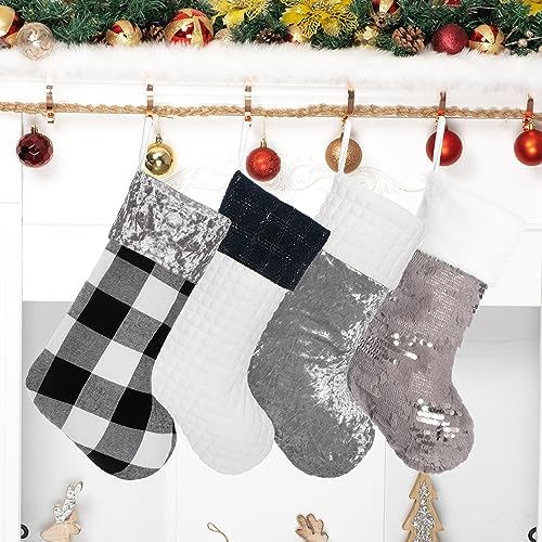 LUBOT 4 Pack Christmas Stockings Large Family Xmas Stocking Black White Gray Contrast Match Flannel Plaid Plush Sequins Hanging for Decorations Holiday - Image 2