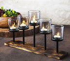 Decorative Votive Candle Holder Centerpiece, 5 Glass Cups on Wood Base by LERAZE
