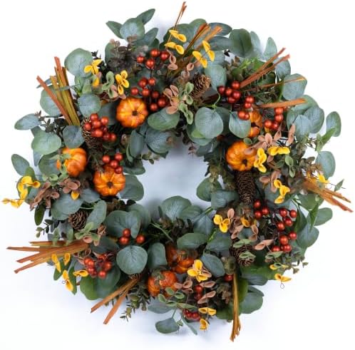24" Eucalyptus Fall Wreath with Pumpkin Foliage for Farmhouse Autumn Door by Unknown