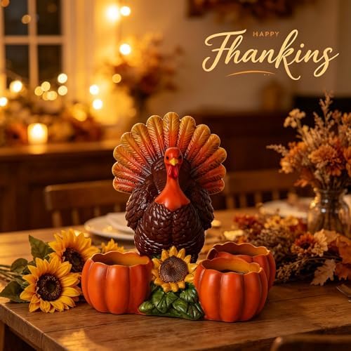 Thanksgiving Turkey Tealight Candle Holder with 3 Pumpkin - Image 2