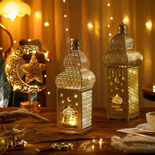 Honoson Eid Ramadan Lantern Large Golden Temple Moroccan Lantern Lamp Ramadan Decorations for Home, Hanging, Outdoor Patio or Indoor Home Decor, Gold, with LED String Lights(Elegant) - Image 3