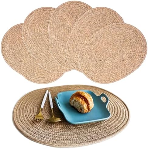 Jute Braided Placemats Set of 6, Cotton Fabric Oval Table Mats Non Slip Washable 16 * 12 inch Oval Place Mats, 6 Pack Jute Rope Woven Placemats for Wedding Birthday Baby Shower Party Decoration by Unknown