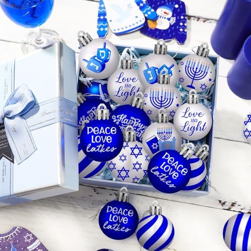 Beeveer 30 Pcs Happy Hanukkah Ornament for Tree Balls Star of David Hanging Ornaments 10 Styles Shatterproof Decorations White Blue Jewish Christmas Balls for Xmas Tree Decoration - Image 5