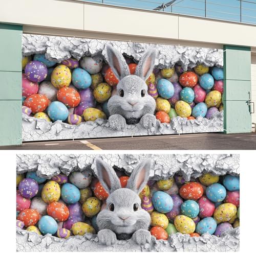 ANNA QUEEN Easter Bunny Garage Door Banner 7x16FT, Cute Rabbit Peeking Cracked Wall Garage Door Cover with Colorful Eggs, Large Outdoor Spring Decoration Backdrop for Double Garage Door & Egg Hunt Party - Image 6