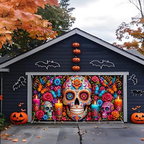 Day of the Dead Garage Door Banner 7x16 FT - Dia De Los Muertos Sugar Skull Backdrop Cover with Vibrant Flowers Butterflies Candles Decor for Double Car Garage Door Outdoor Fiesta Party - Image 5