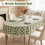 Green Checkered Oval Tablecloth, Cotton Linen Texture, 60"x102" - Image 3