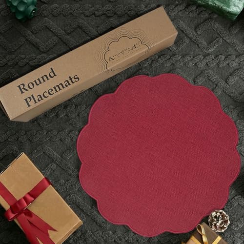 AHHFSMEI Round Faux Linen Placemats Set of 8 Heat Resistant Non-Slip Stain Proof Table Mats for Kitchen Dining Elegant Decor Place Mats (Burgendy red,8) - Image 6