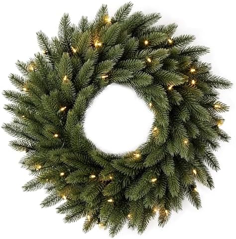 Balsam Hill Vermont White Spruce Christmas Wreath - 26" Majestic East Coast Front Door Wreath with True Needle Foliage & Battery-Operated LED Clear Lights by BalsamHill