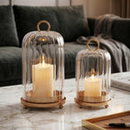 Vintage Brass Metal Candle Lantern with Ribbed Thick Glass Dome Set of 2 by SUJUN