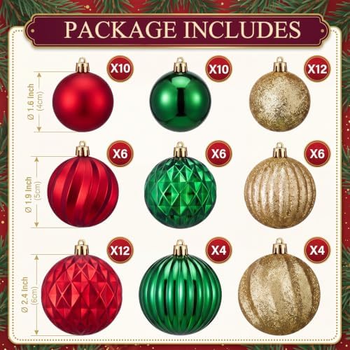 Syhood 64 Pcs Christmas Tree Decoration Ball Ornaments, Red Green - Image 3