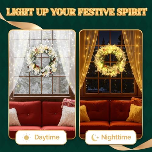 VINGLI 2 Pcs 18 Inch Small Christmas Wreath, Flocked Xmas Wreath w/60 Lights, 140 Tips, Pine Cones, Berries, PE&PVC Wreath with Lights for Indoor/Outdoor Holiday Decor, Battery Operated - Image 5