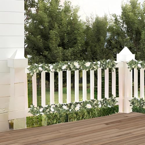 MAKHOT 2Pack White 6.6 Ft Eucalyptus Garland with Lovely Faux Rose Flowers, Artificial Eucalyptus and Rose Garlands Decor, Floral Greenery Garland for Wedding Home Table Decor (White) - Image 5