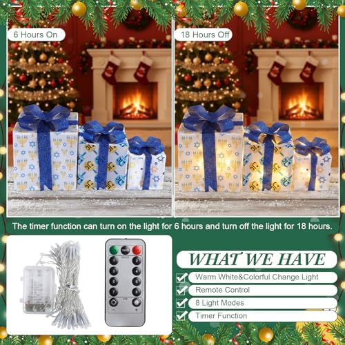 Aurelema Set of 3 Hanukkah Lighted Gift Boxes Remote LED Chanukah Decor - Image 4